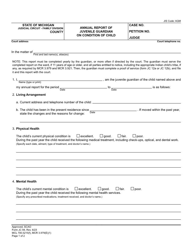 Annual Report Of Juvenile Guardian On Condition Of Child {JC 94} | Pdf Fpdf Doc Docx | Michigan