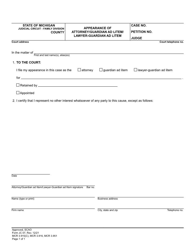 Appearance Of Attorney Or Guardian Ad Litem Or Lawyer Guardian Ad Litem {JC 07} | Pdf Fpdf Doc Docx | Michigan