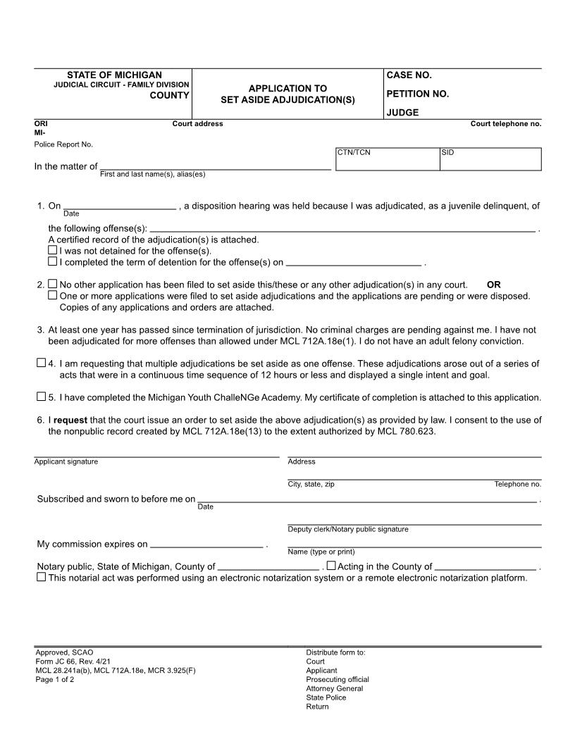 Application To Set Aside Adjudication {JC 66} | Pdf Fpdf Docx | Michigan