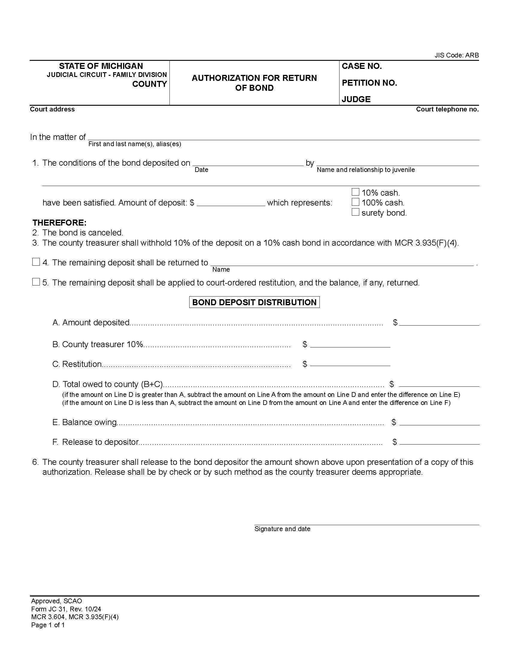 Authorization For Return Of Bond {JC 31} | Pdf Fpdf Doc Docx | Michigan