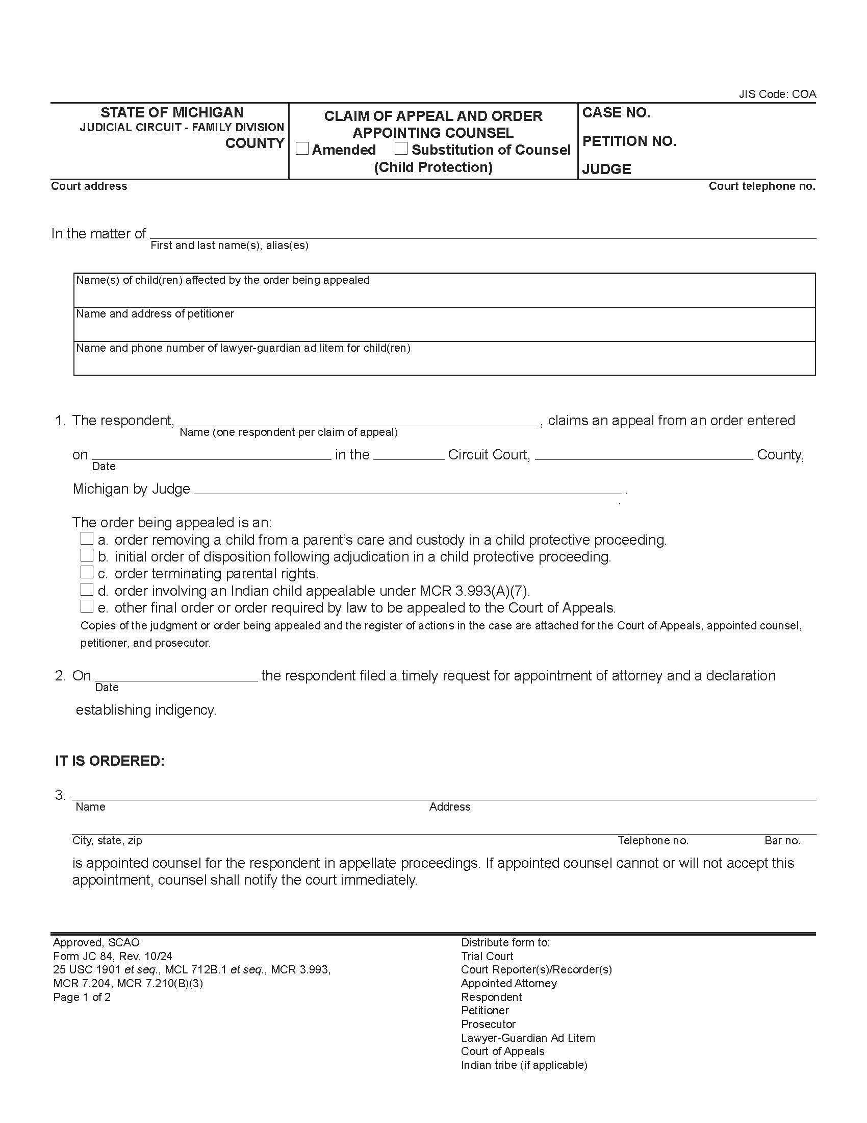 Claim Of Appeal And Order Appointing Appellate Counsel {JC 84} | Pdf Fpdf Docx | Michigan