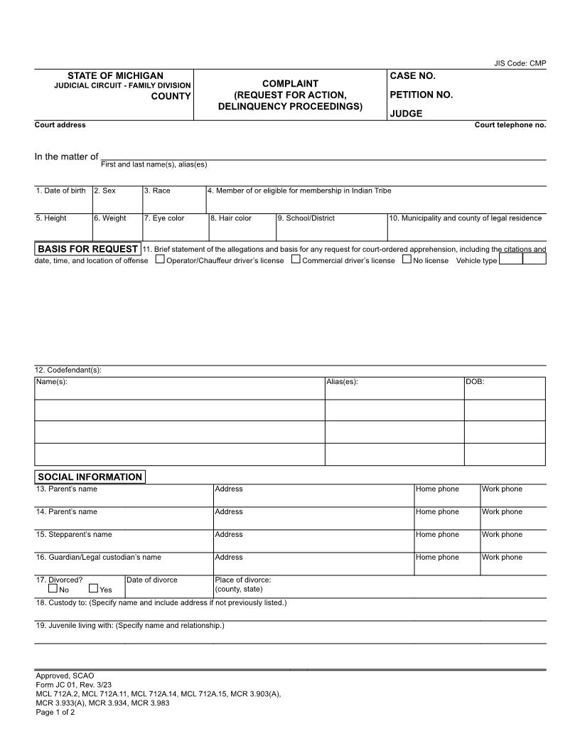 Complaint {JC 01} | Pdf Fpdf Docx | Michigan