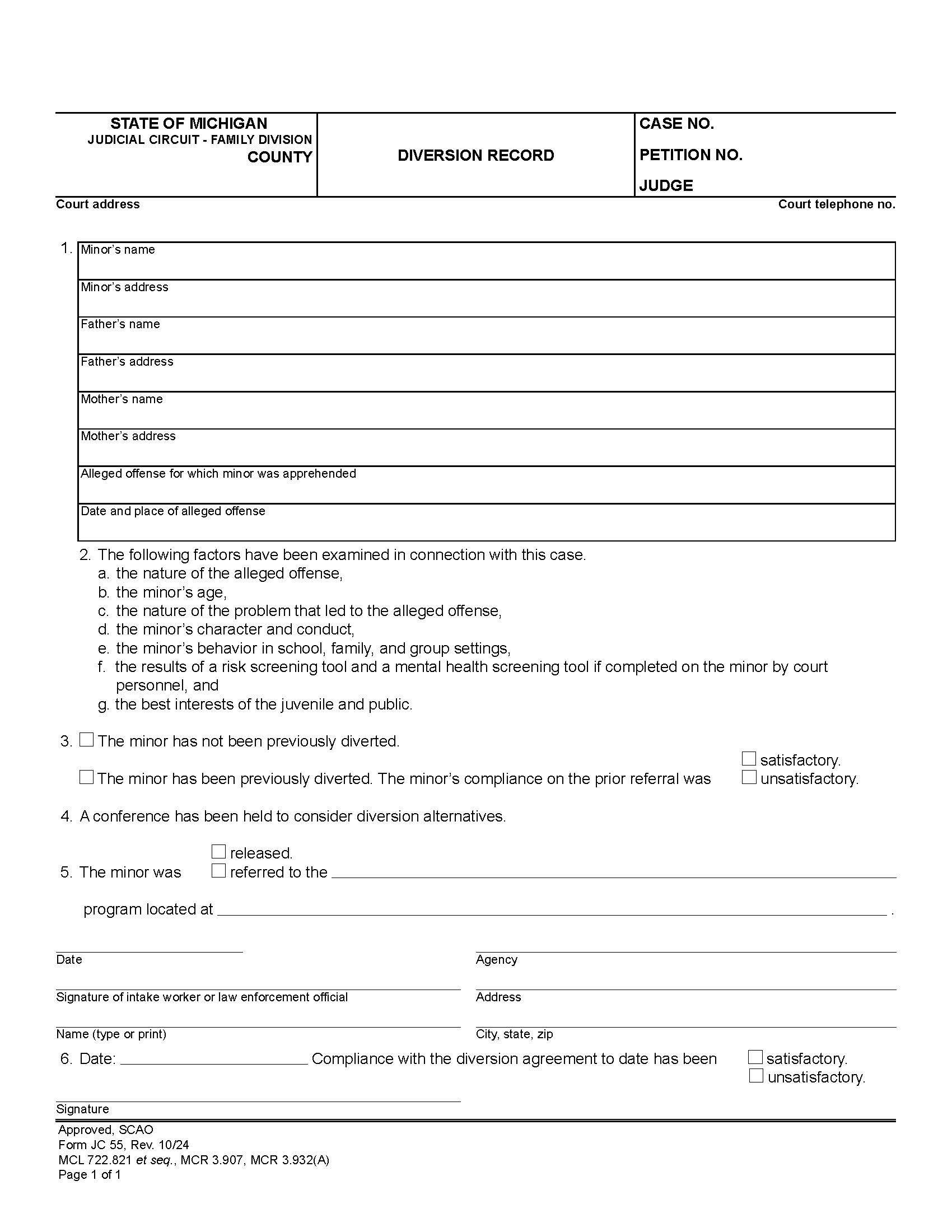 Diversion Record {JC 55} | Pdf Fpdf Doc Docx | Michigan