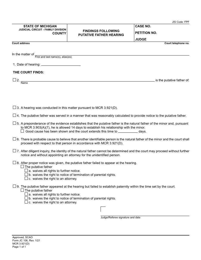 Findings Following Putative Father Hearing {JC 106} | Pdf Fpdf Doc Docx | Michigan