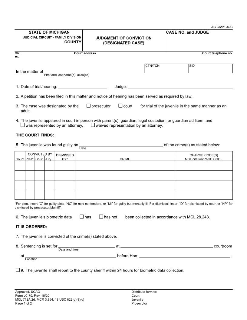 Judgment Of Conviction (Designated Case) {JC 70} | Pdf Fpdf Doc Docx | Michigan