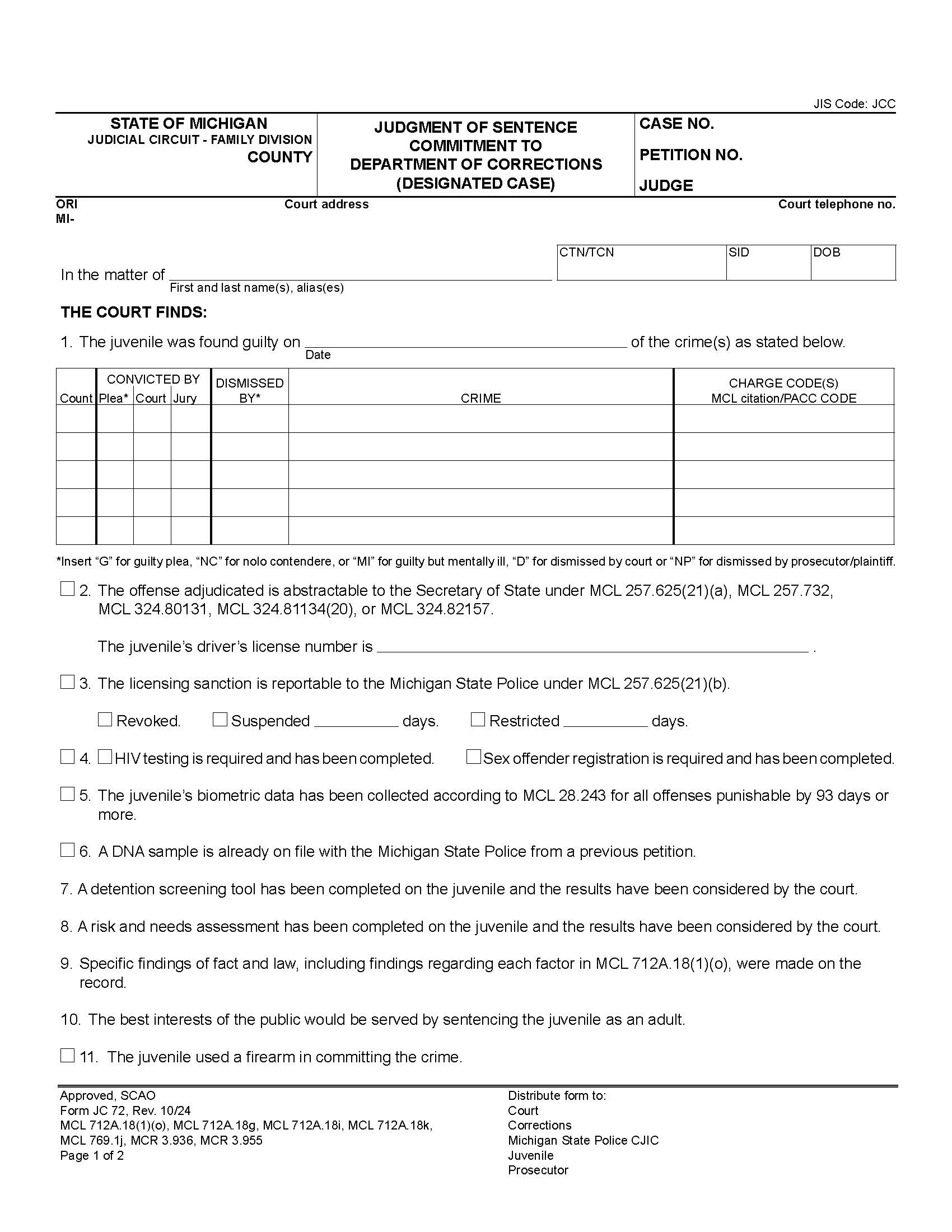 Judgment Of Sentence Commitment To Department Of Corrections (Designated Case) {JC 72} | Pdf Fpdf Docx | Michigan