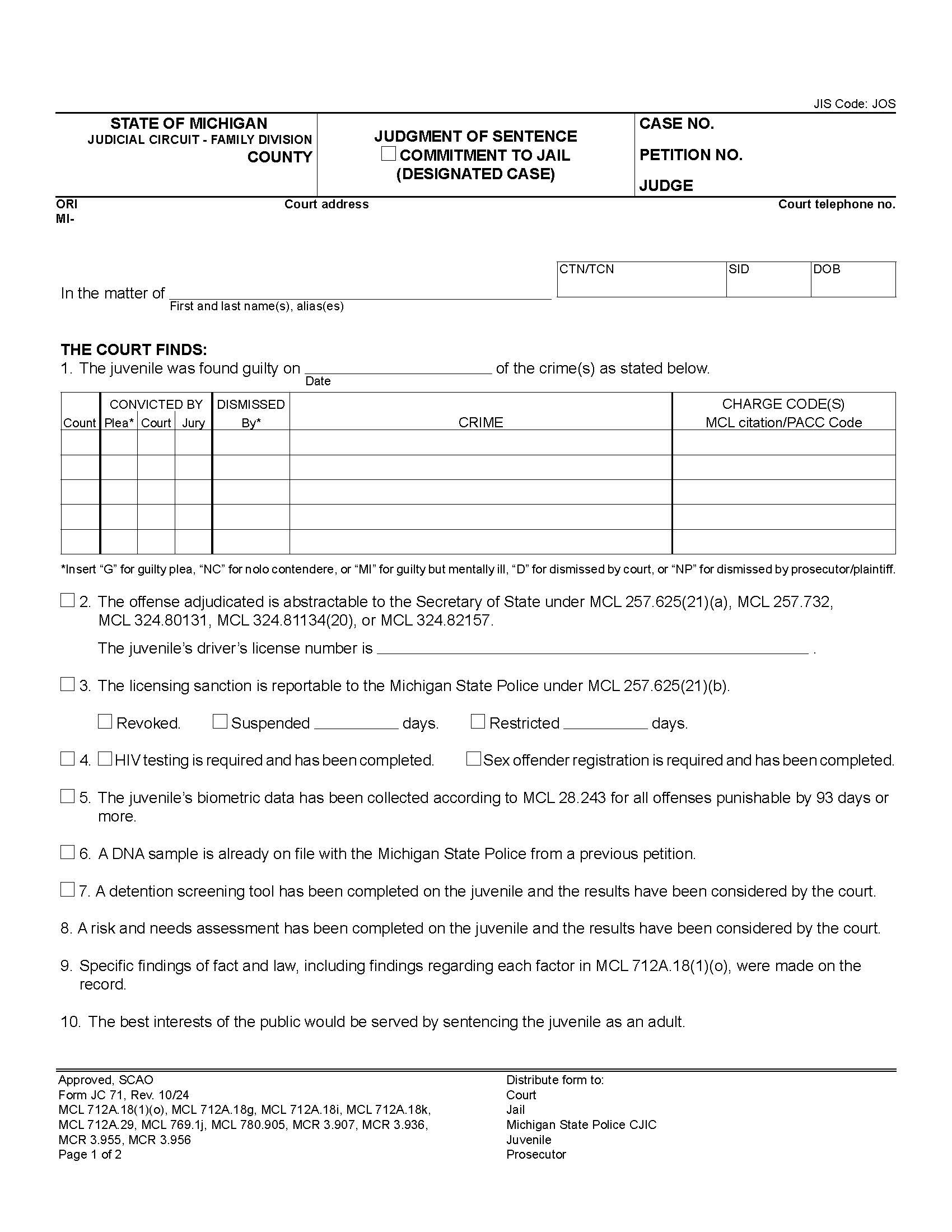 Judgment Of Sentence Commitment To Jail (Designated Case) {JC 71} | Pdf Fpdf Docx | Michigan