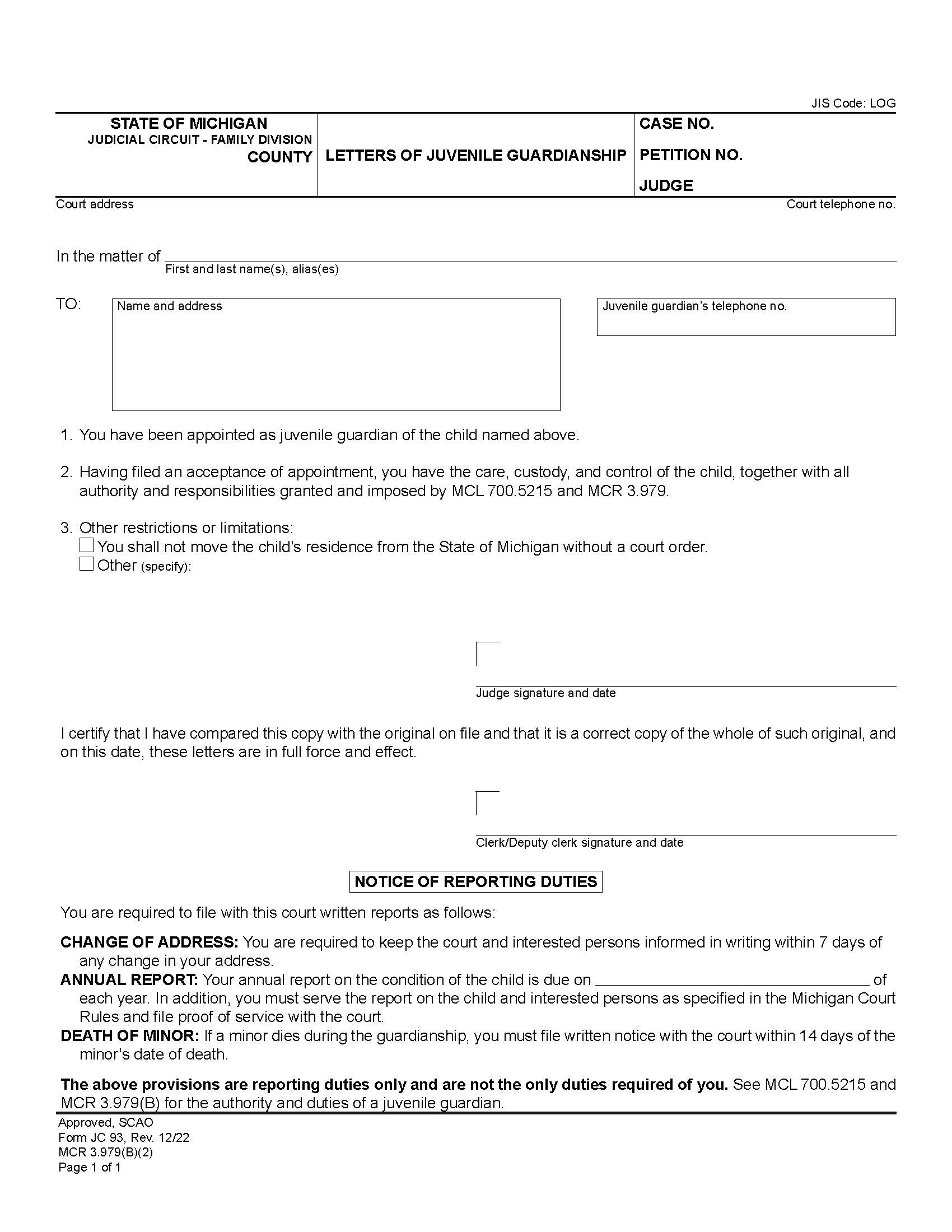 Letters Of Juvenile Guardianship {JC 93} | Pdf Fpdf Doc Docx | Michigan