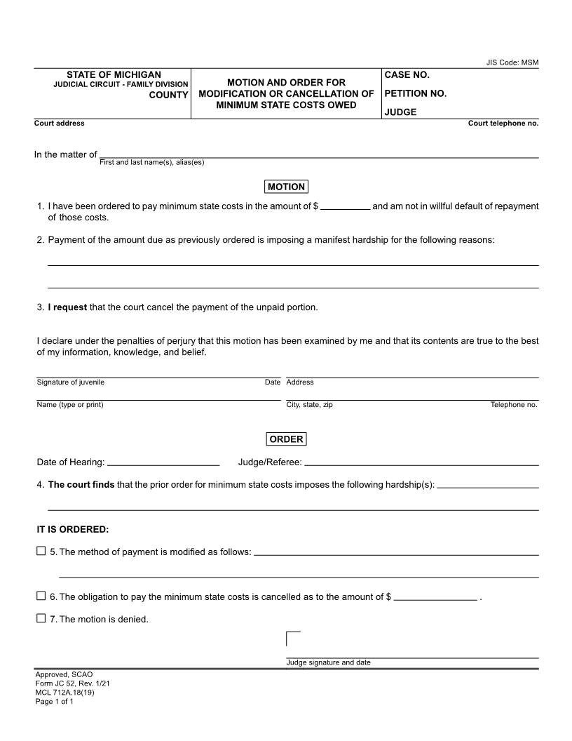 Motion And Order For Modification Or Cancellation Of Minimum State Costs Owed {JC 52} | Pdf Fpdf Doc Docx | Michigan