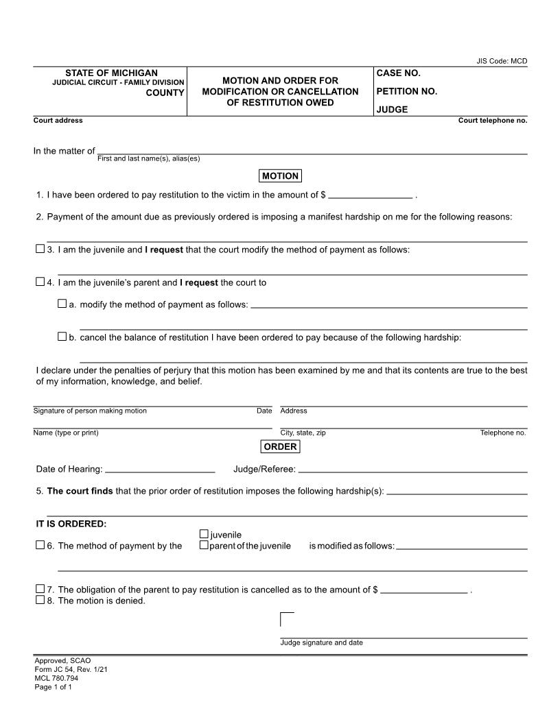Motion And Order For Modification Or Cancellation Of Restitution Owed {JC 54} | Pdf Fpdf Doc Docx | Michigan