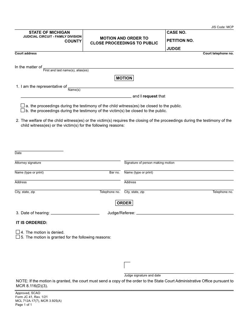 Motion And Order To Close Proceedings To Public {JC 41} | Pdf Fpdf Doc Docx | Michigan