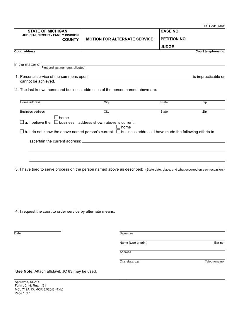 Motion For Alternate Service {JC 46} | Pdf Fpdf Doc Docx | Michigan