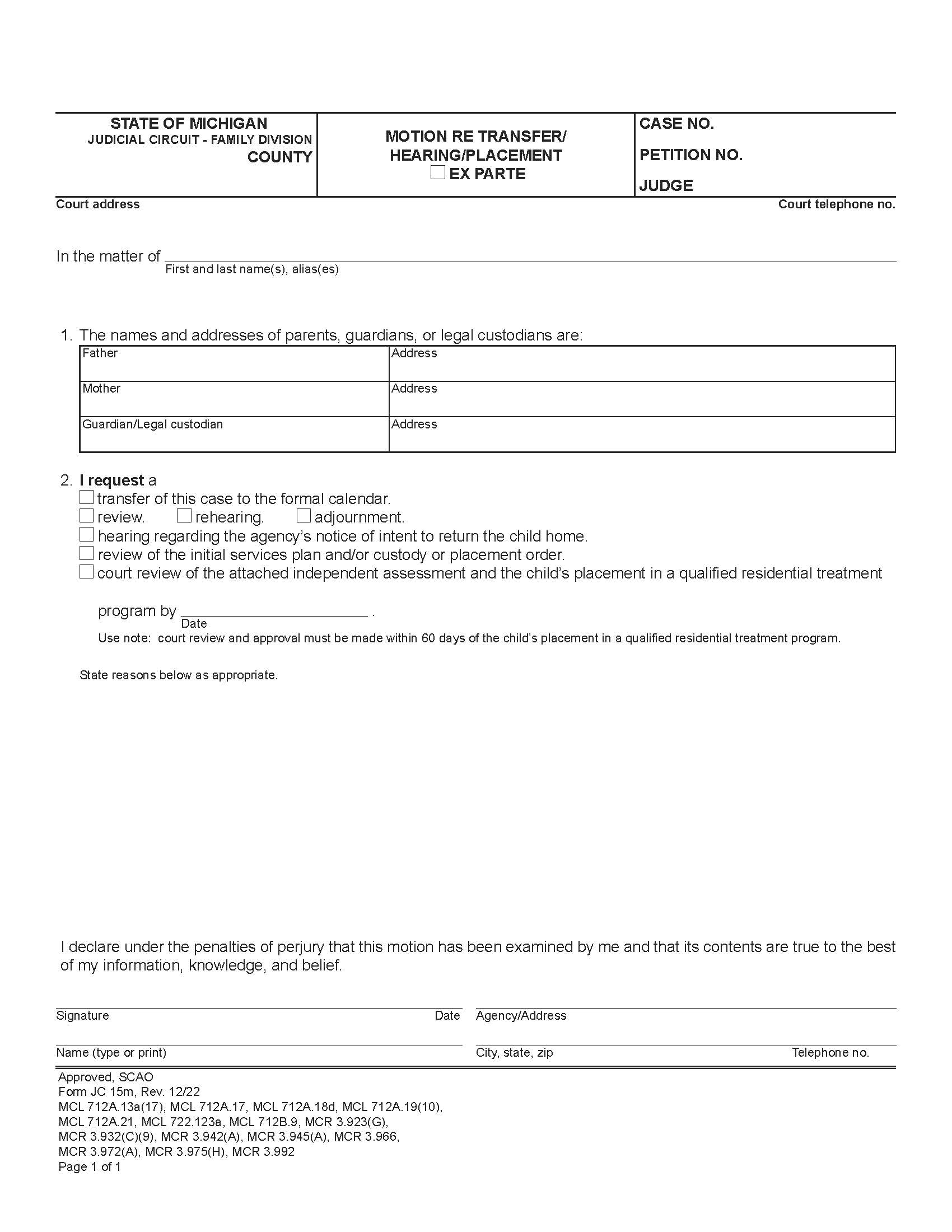 Motion Re Transfer Hearing Placement {JC 15m} | Pdf Fpdf Doc Docx | Michigan