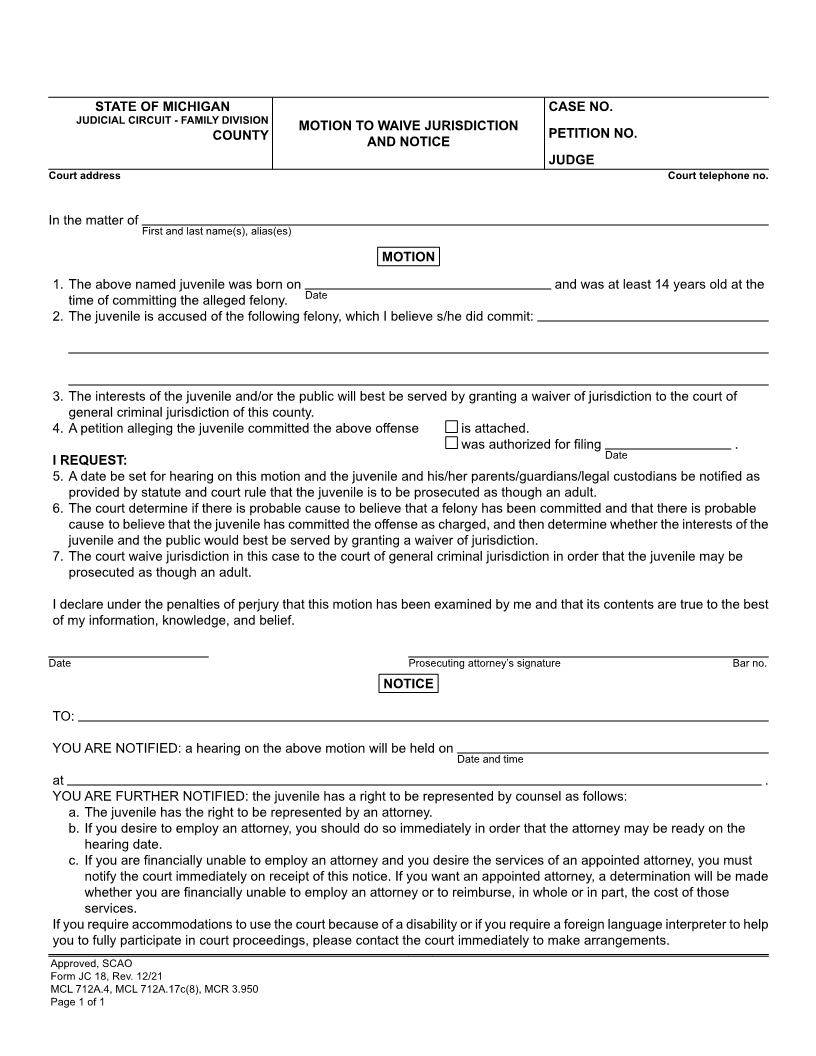 Motion To Waive Jurisdiction And Notice {JC 18} | Pdf Fpdf Doc Docx | Michigan