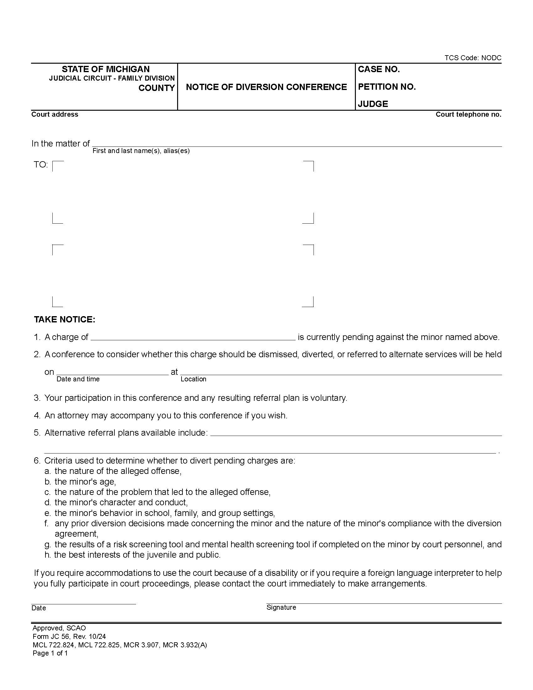 Notice Of Diversion Conference {JC 56} | Pdf Fpdf Doc Docx | Michigan