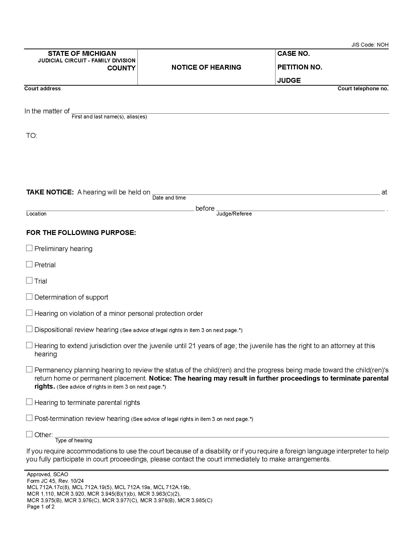 Notice Of Hearing {JC 45} | Pdf Fpdf Doc Docx | Michigan