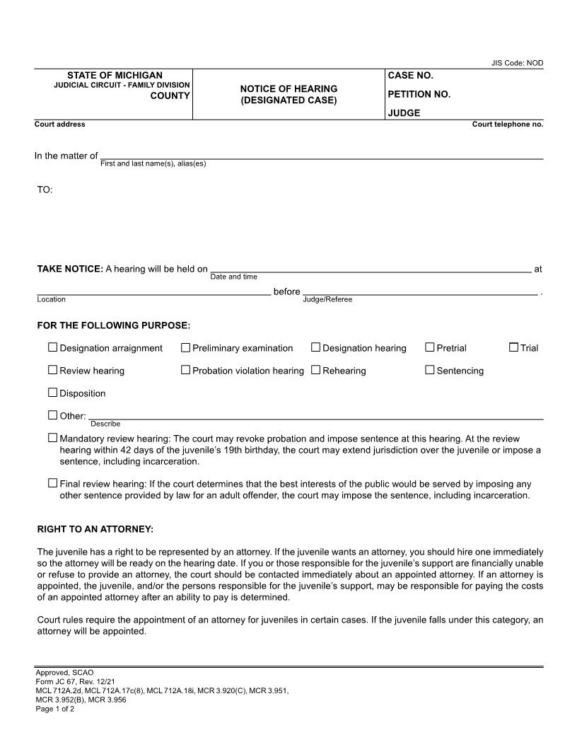 Notice Of Hearing (Designated Case) {JC 67} | Pdf Fpdf Doc Docx | Michigan