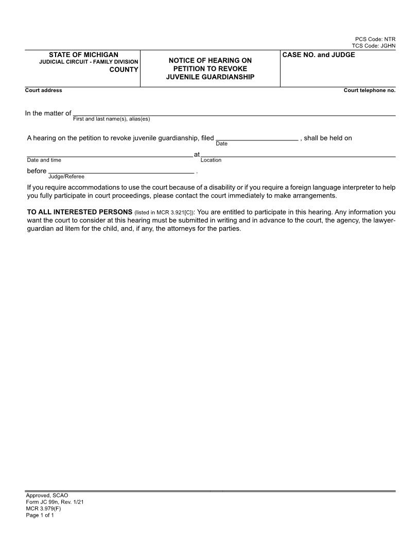 Notice Of Hearing On Petition To Revoke Juvenile Guardianship {JC 99n} | Pdf Fpdf Docx | Michigan