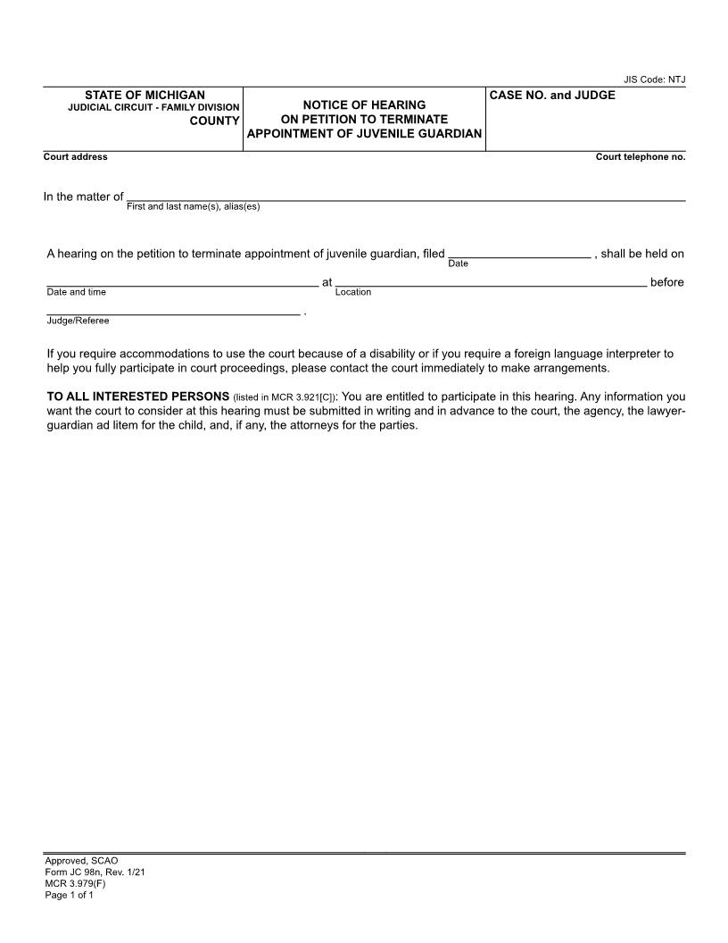 Notice Of Hearing On Petition To Terminate Appointment Of Juvenile Guardian {JC 98n} | Pdf Fpdf Docx | Michigan