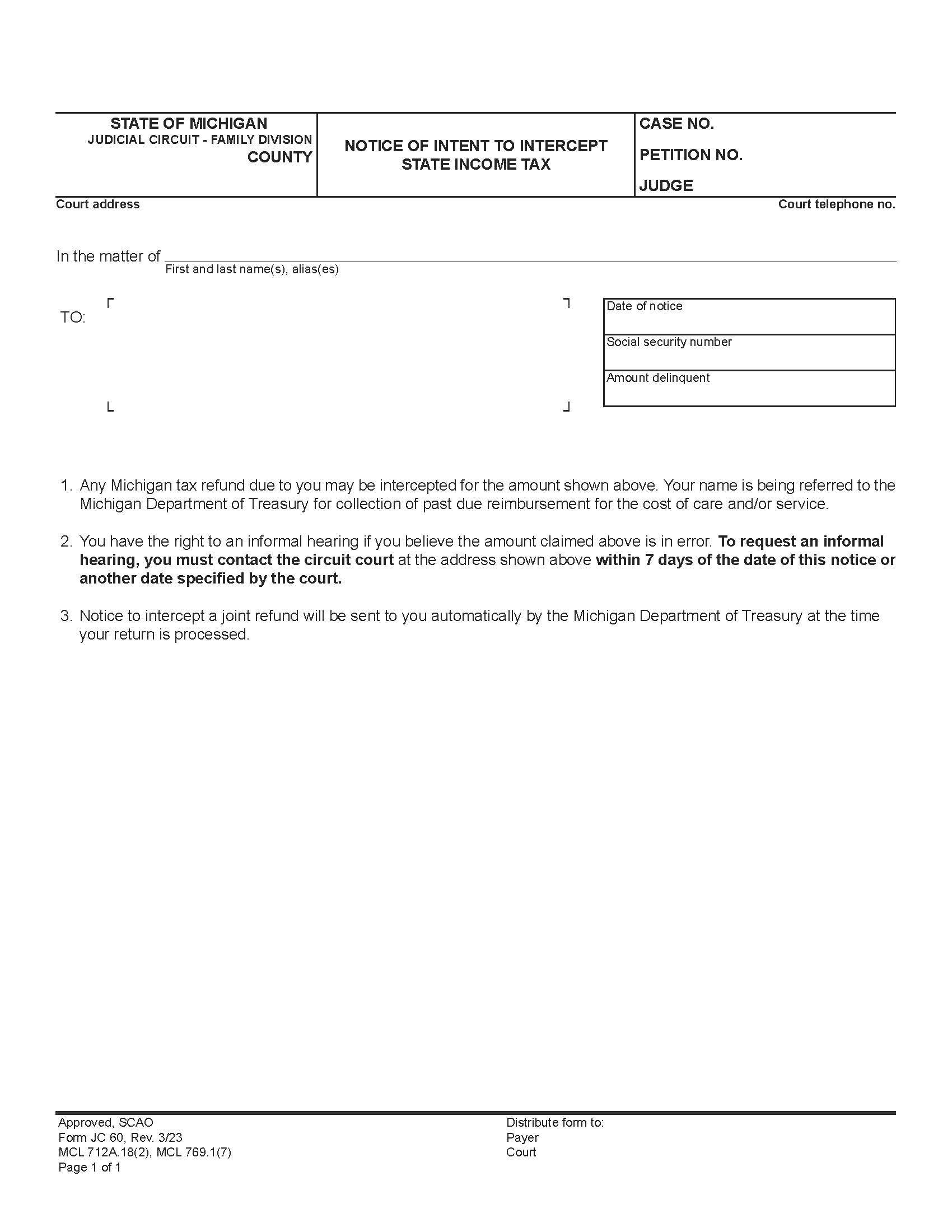 Notice Of Intent To Intercept State Income Tax {JC 60} | Pdf Fpdf Doc Docx | Michigan