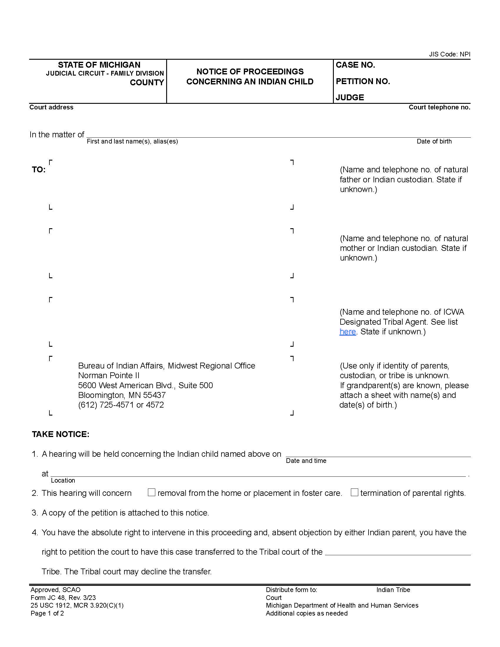 Notice Of Proceedings Concerning American Indian Child {JC 48} | Pdf Fpdf Doc Docx | Michigan
