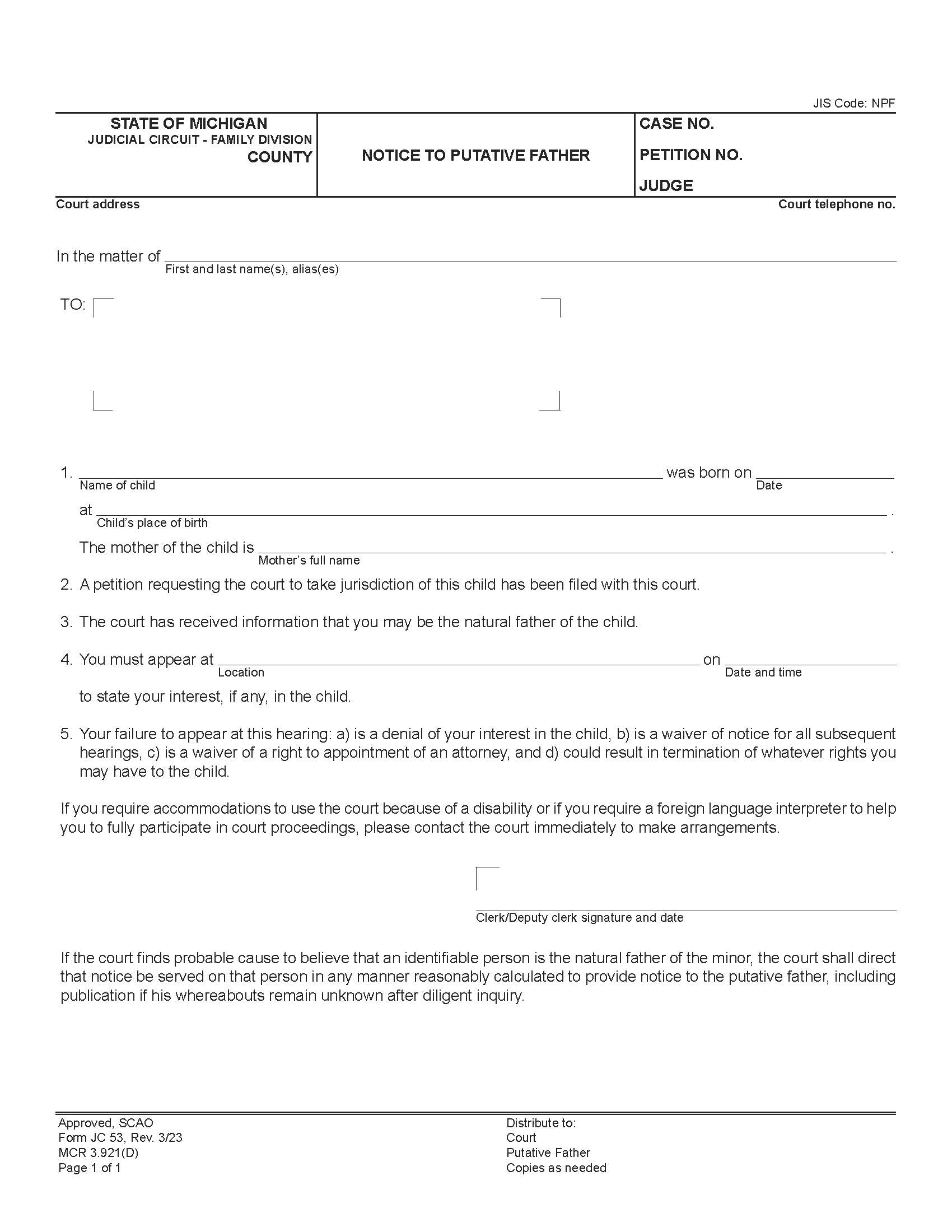 Notice To Putative Father {JC 53} | Pdf Fpdf Docx | Michigan