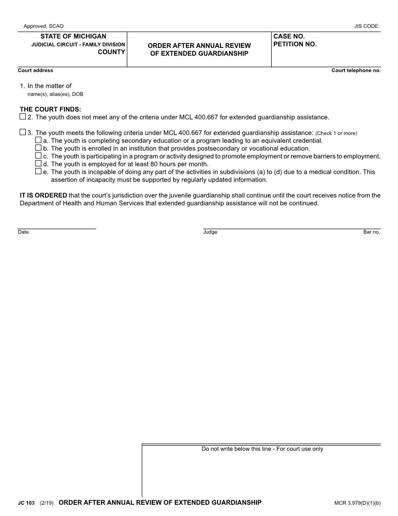 Order After Annual Review Of Extended Guardianship {JC 103} | Pdf Fpdf Docx | Michigan