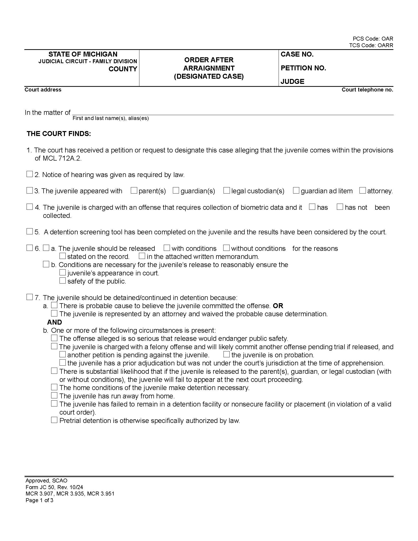 Order After Arraignment (Designated Case) {JC 50} | Pdf Fpdf Docx | Michigan