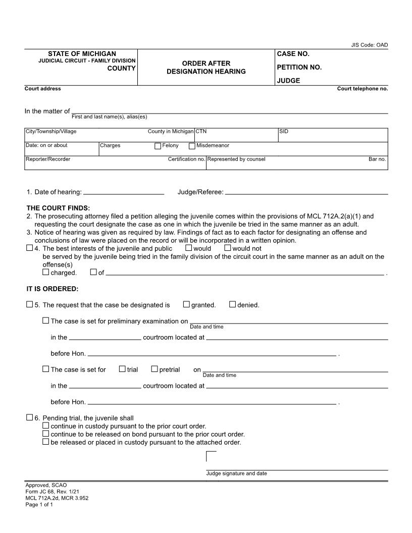 Order After Designation Hearing {JC 68} | Pdf Fpdf Doc Docx | Michigan