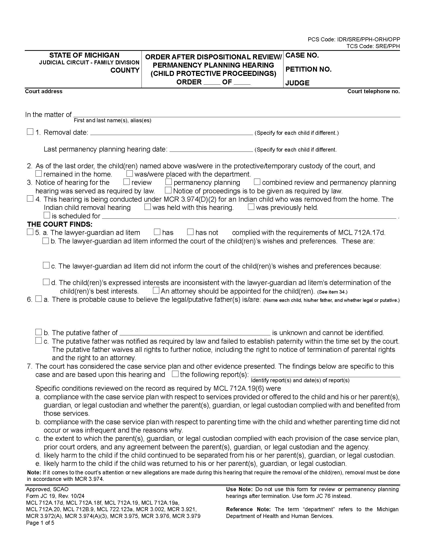Order After Dispositional Review Or Permanency Planning Hearing {JC 19} | Pdf Fpdf Docx | Michigan