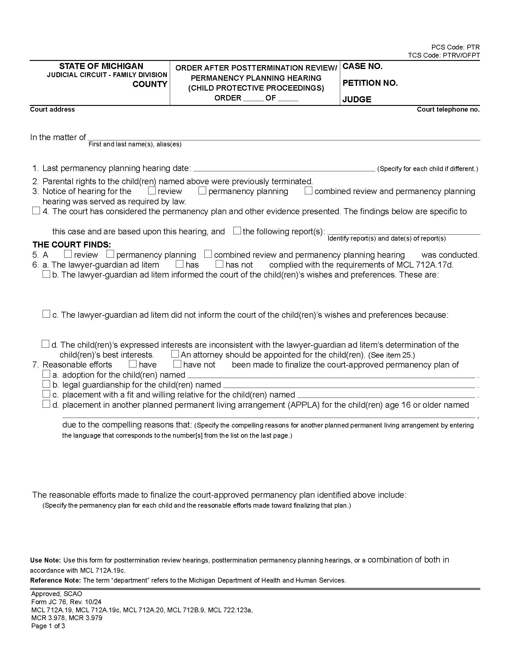 Order After Post-Termination Review Or Permanency Planning Hearing  {JC 76} | Pdf Fpdf Docx | Michigan