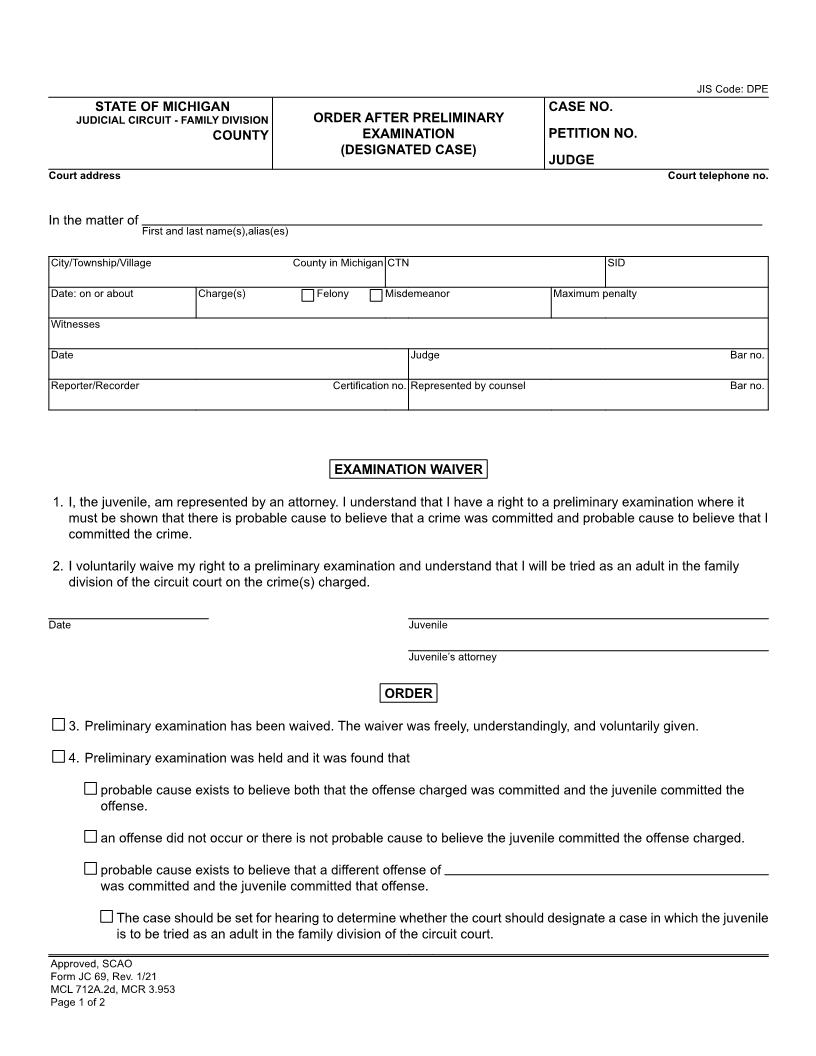 Order After Preliminary Examination (Designated Case) {JC 69} | Pdf Fpdf Doc Docx | Michigan