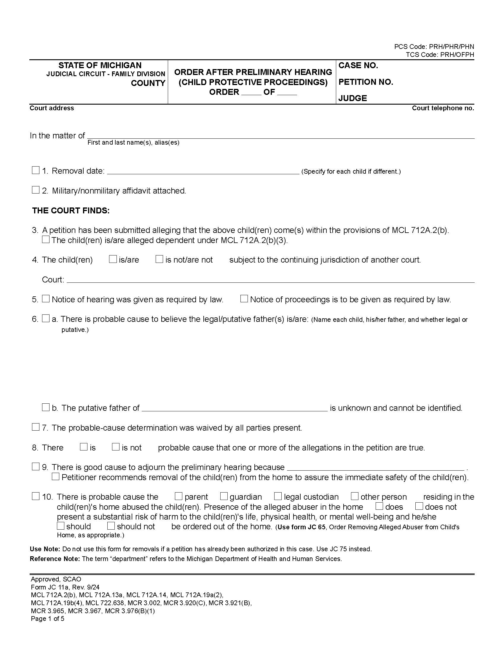 Order After Preliminary Hearing (Child Protective Proceedings) {JC 11a} | Pdf Fpdf Docx | Michigan
