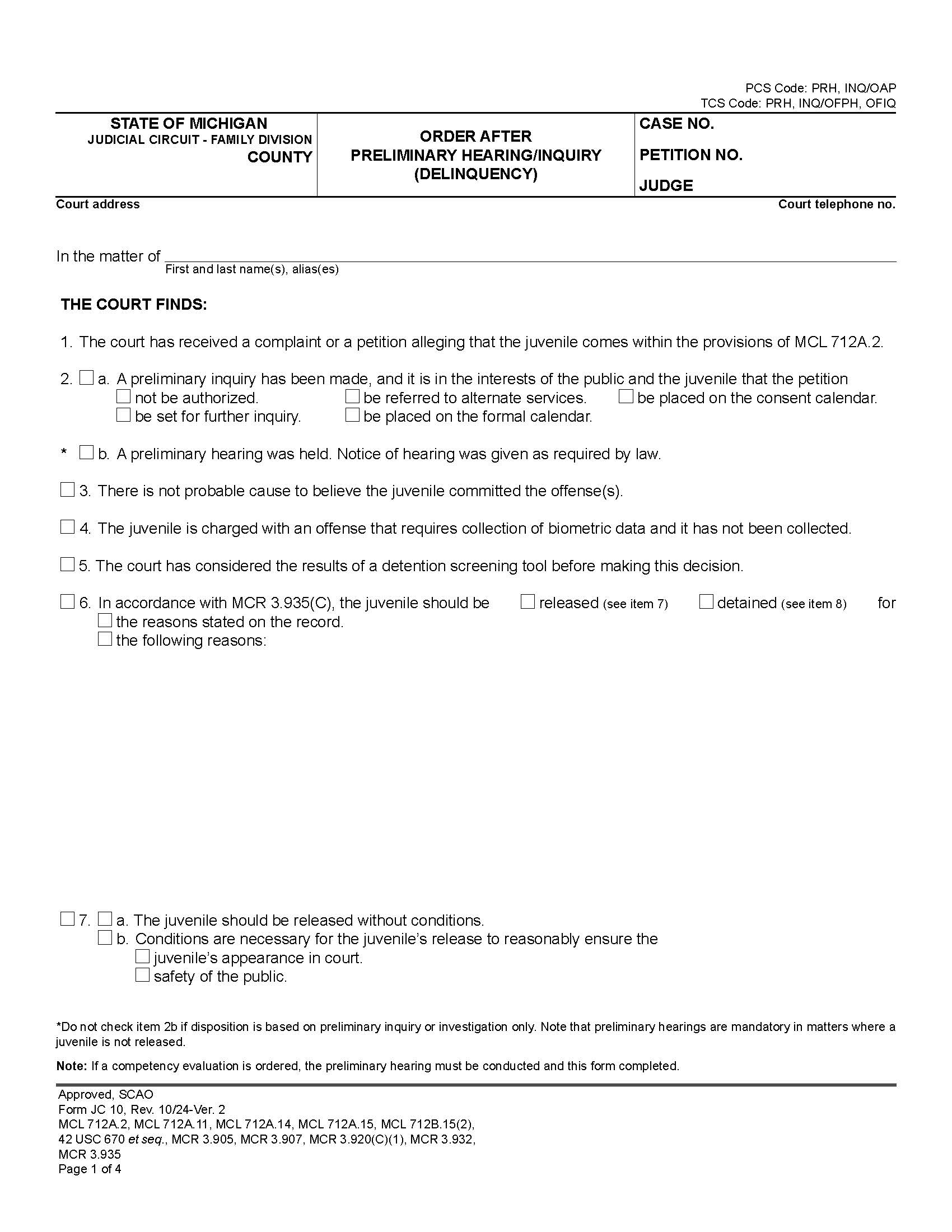 Order After Preliminary Hearing Or Inquiry (Delinquency Or Personal Protection) {JC 10} | Pdf Fpdf Docx | Michigan