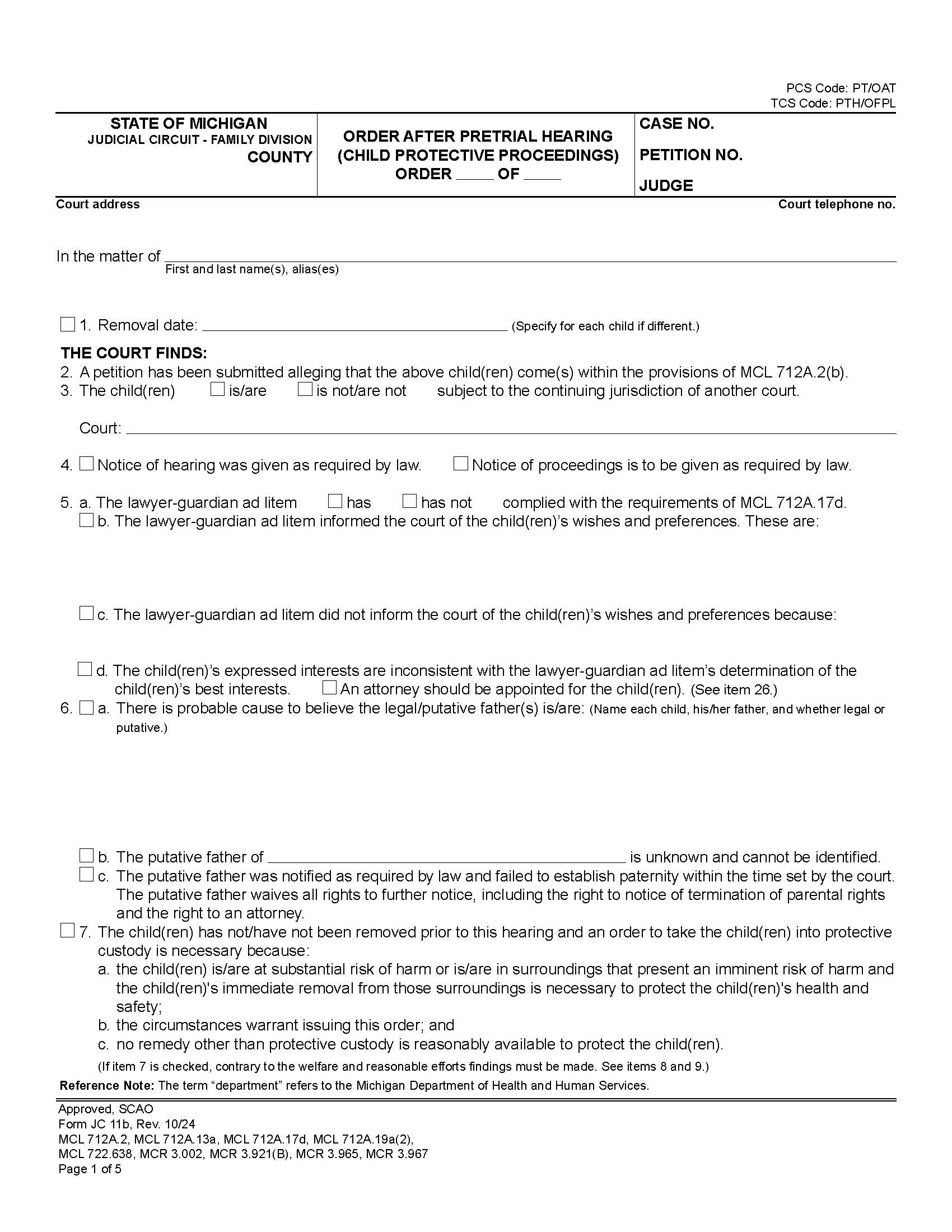Order After Pretrial Hearing (Child Protective Proceedings) {JC 11b} | Pdf Fpdf Docx | Michigan