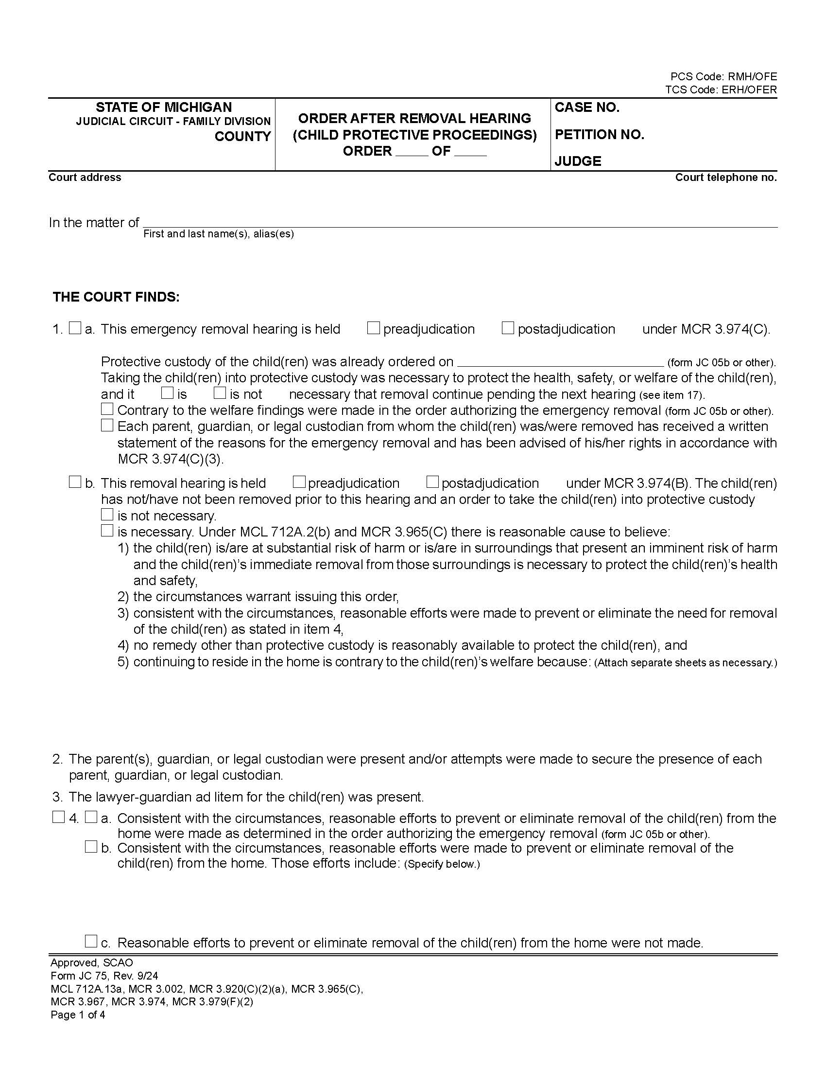 Order After Removal Hearing (Child Protective Proceedings) {JC 75} | Pdf Fpdf Docx | Michigan