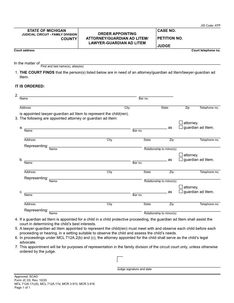 Order Appointing Attorney Or Guardian Ad Litem Or Lawyer Guardian Ad Litem {JC 03} | Pdf Fpdf Doc Docx | Michigan