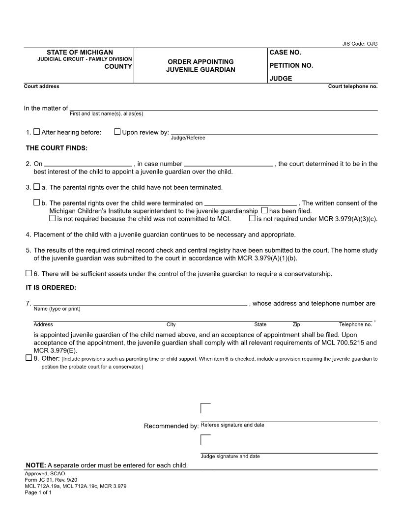 Order Appointing Juvenile Guardian {JC 91} | Pdf Fpdf Doc Docx | Michigan