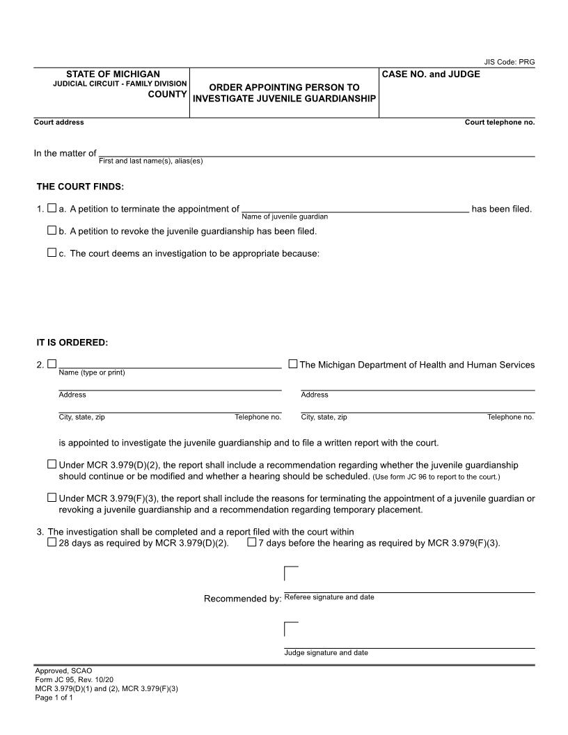 Order Appointing Person To Investigate Juvenile Guardianship {JC 95} | Pdf Fpdf Doc Docx | Michigan