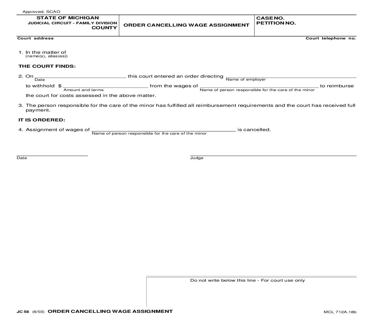 Order Cancelling Wage Assignment {JC 58} | Pdf Fpdf Doc Docx | Michigan