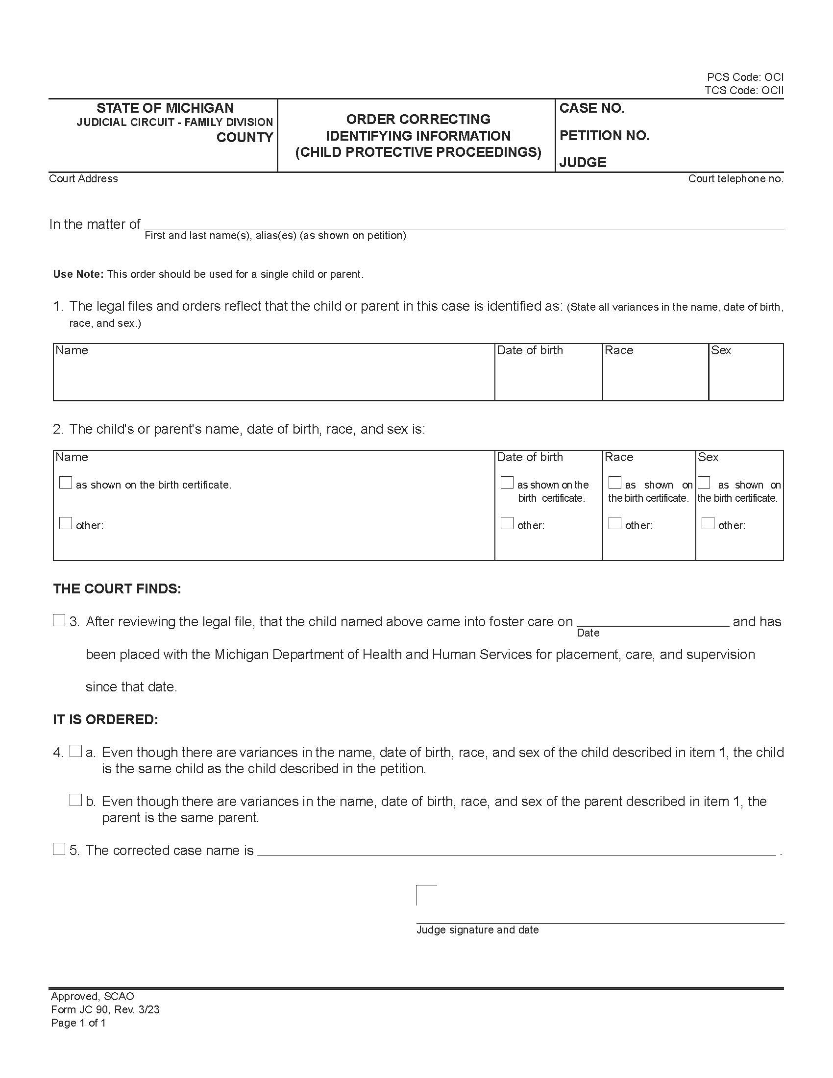 Order Correcting Identifying Information {JC 90} | Pdf Fpdf Doc Docx | Michigan