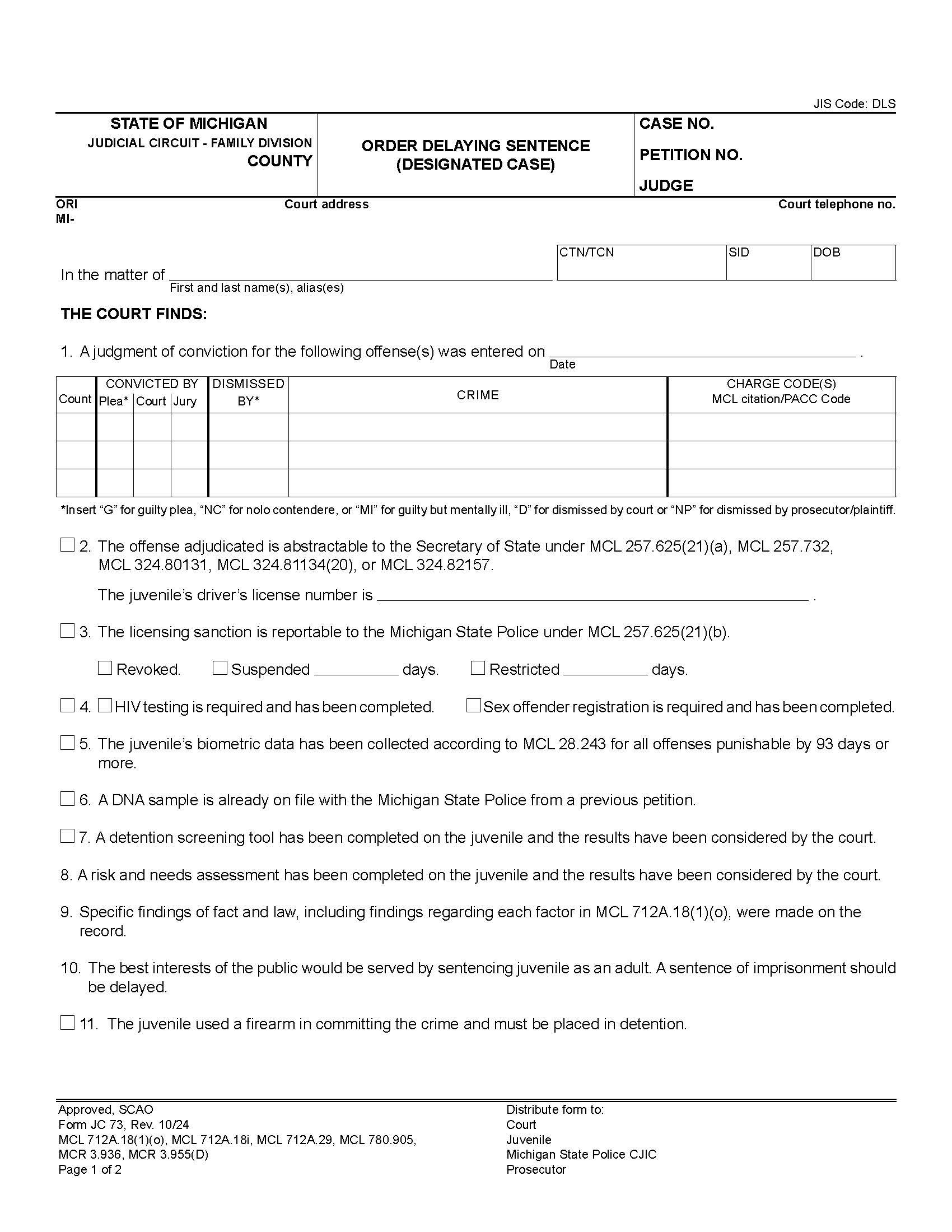 Order Delaying Sentence (Designated Case) {JC 73} | Pdf Fpdf Docx | Michigan
