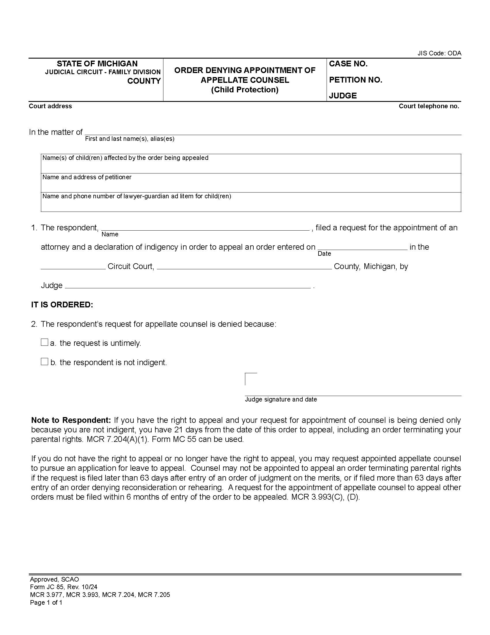 Order Denying Appointment Of Appellate Counsel {JC 85} | Pdf Fpdf Docx | Michigan