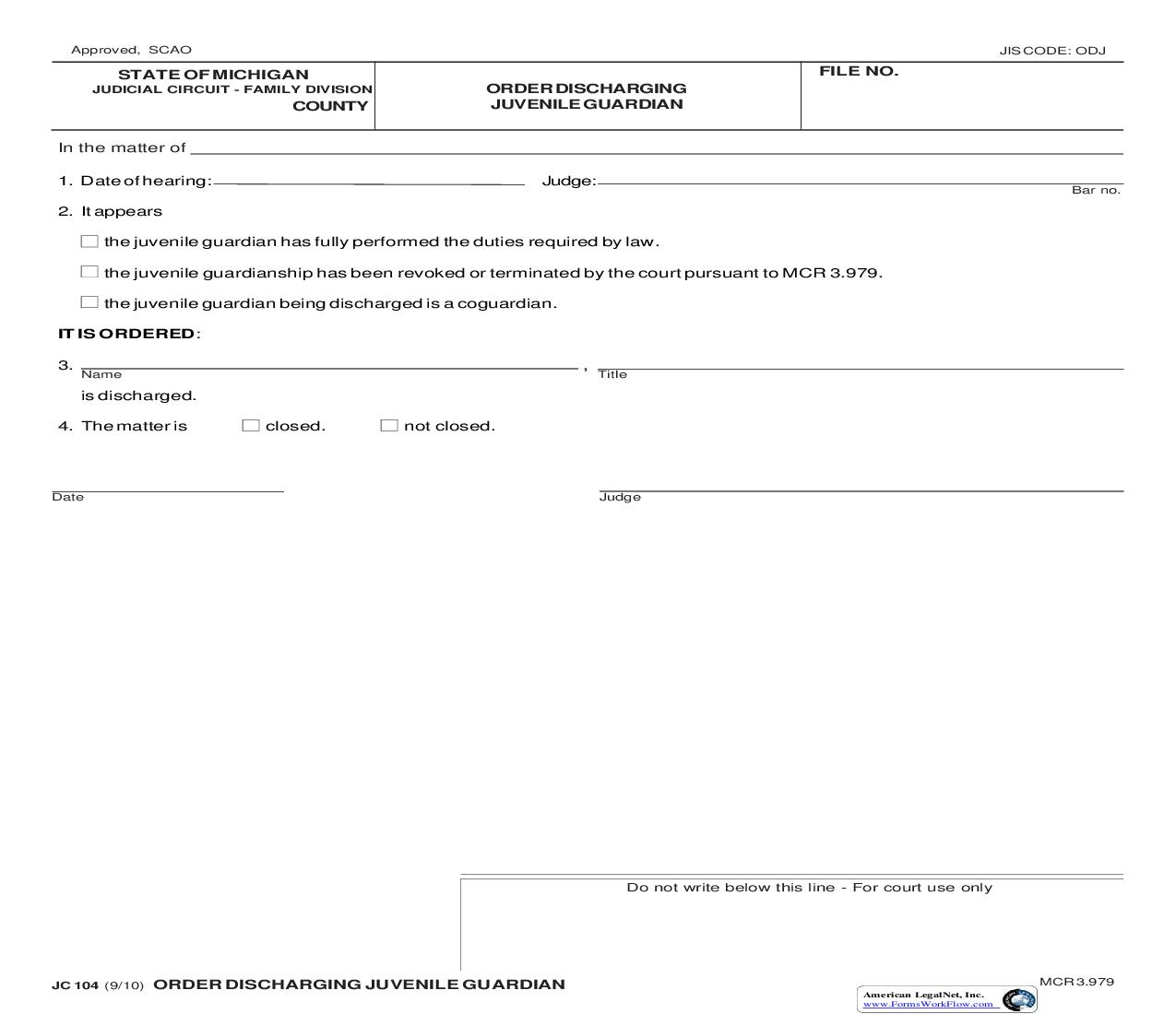 Order Discharging Juvenile Guardian {JC 104} | Pdf Fpdf Doc Docx | Michigan