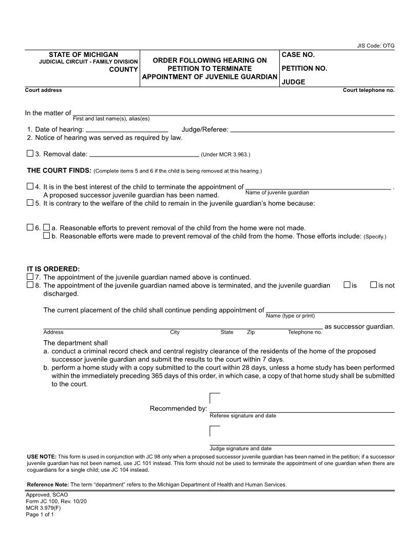 Order Following Hearing On Petition To Terminate Appointment Of Juvenile Guardian {JC 100} | Pdf Fpdf Doc Docx | Michigan