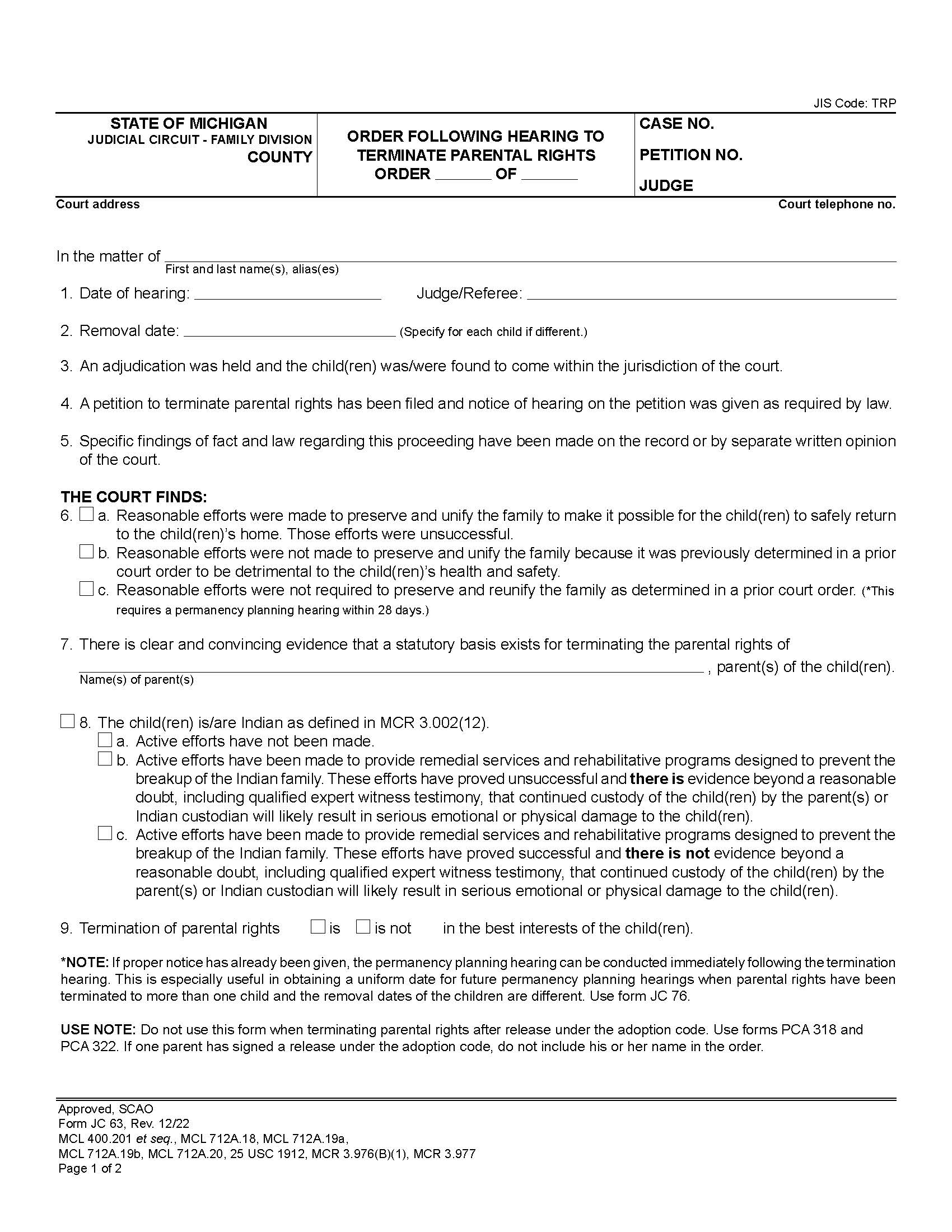 Order Following Hearing To Terminate Parental Rights {JC 63} | Pdf Fpdf Doc Docx | Michigan