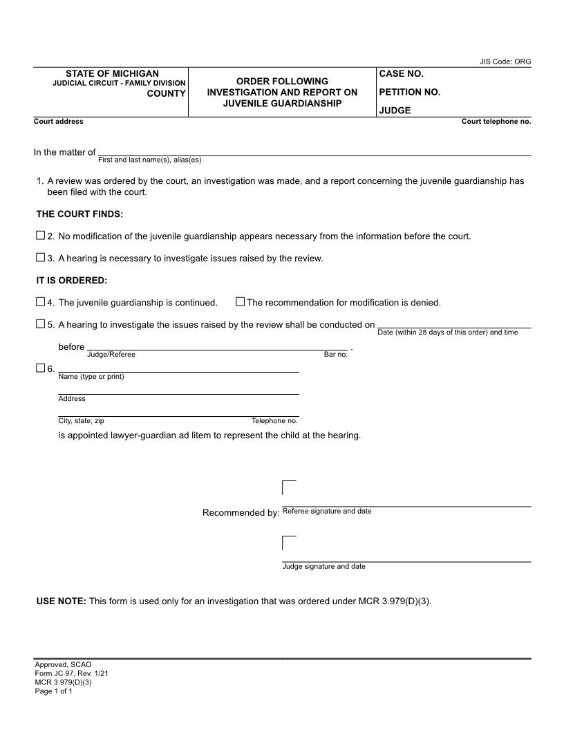 Order Following Investigation And Report On Juvenile Guardianship {JC 97} | Pdf Fpdf Doc Docx | Michigan