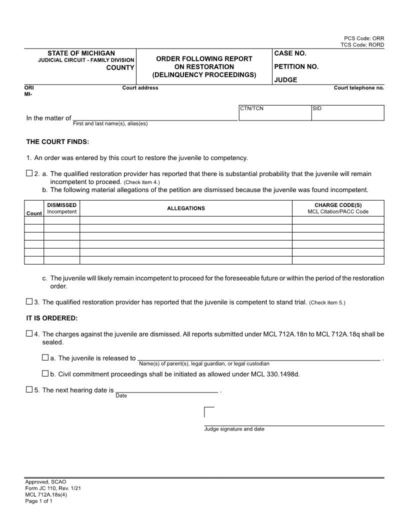 Order Following Report On Restoration (Delinquency Proceedings) {JC 110} | Pdf Fpdf Doc Docx | Michigan