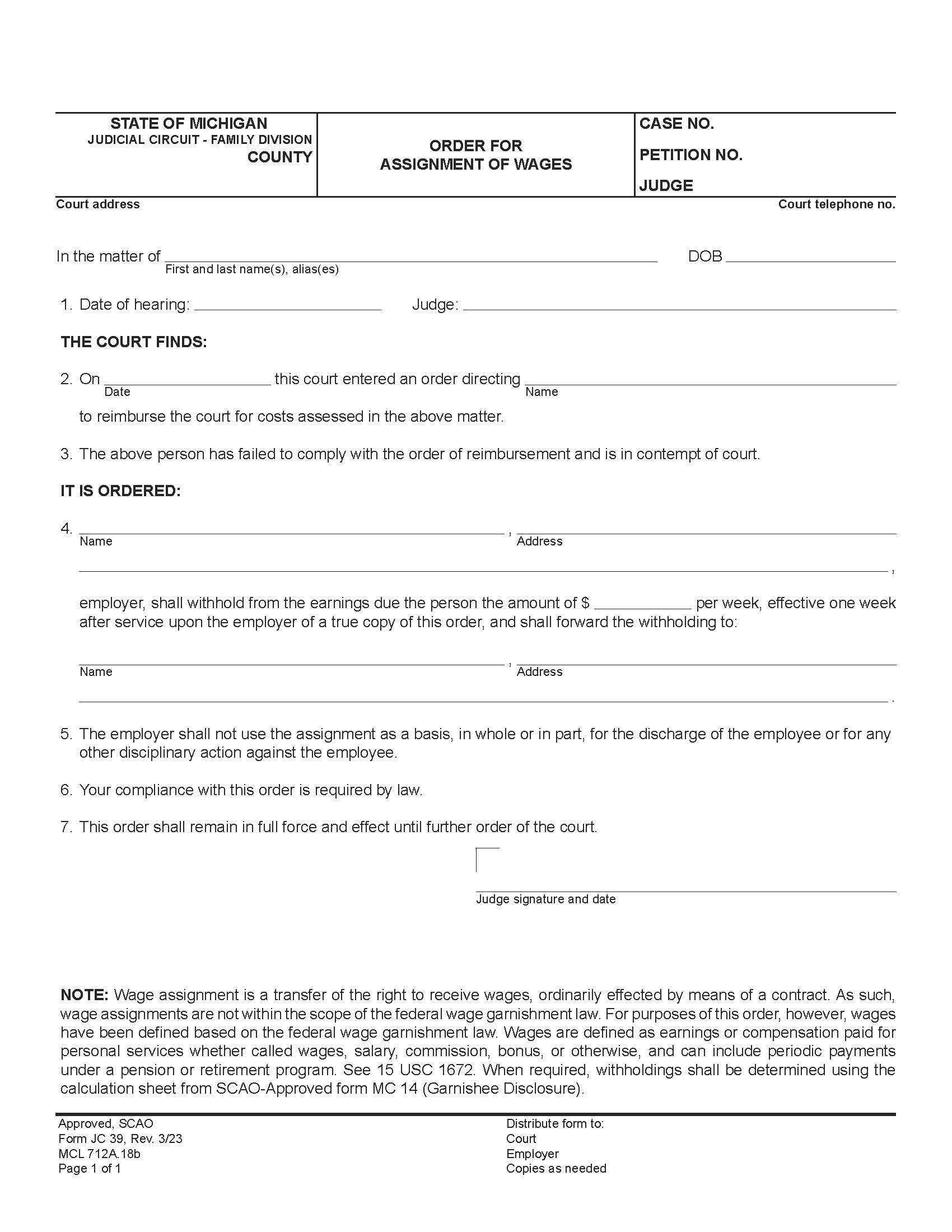 Order For Assignment of Wages {JC 39} | Pdf Fpdf Doc Docx | Michigan
