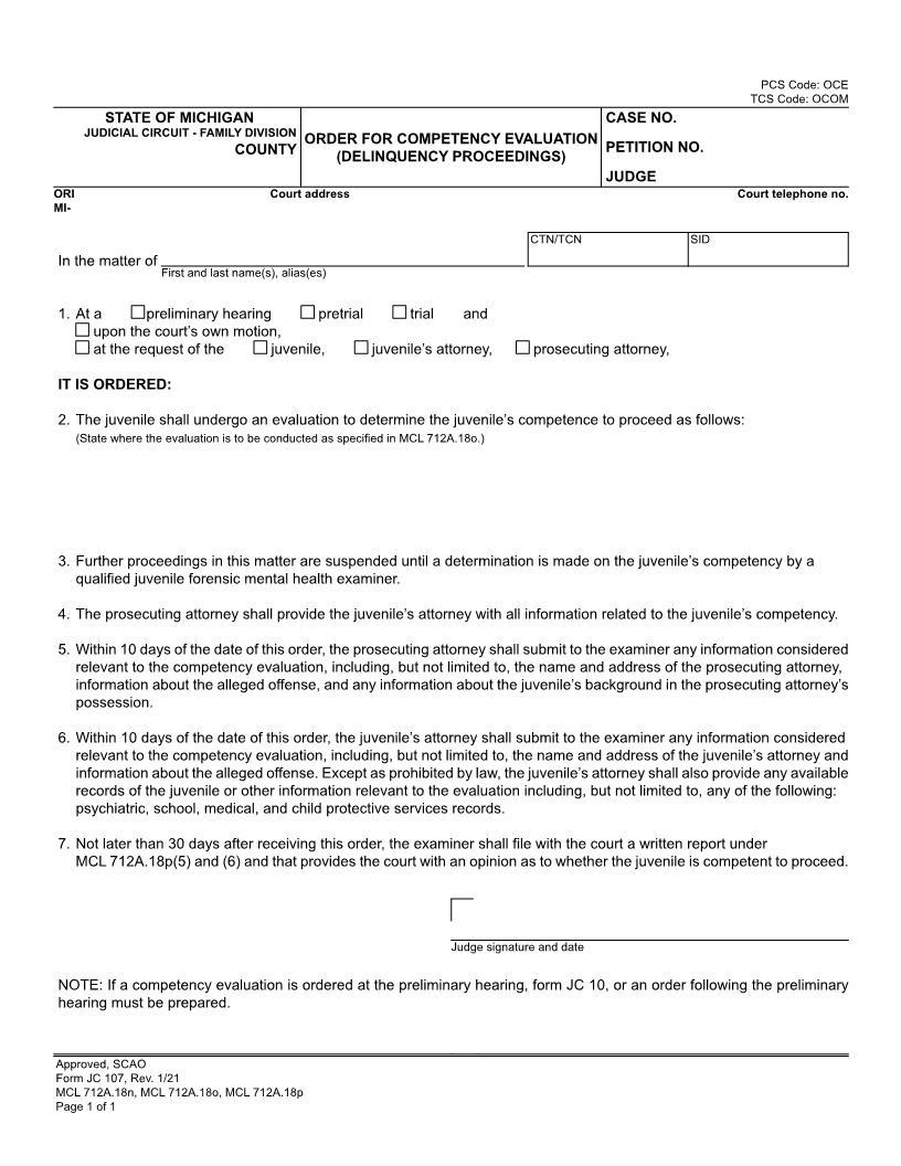 Order For Competency Evaluation (Delinquency Proceedings) {JC 107} | Pdf Fpdf Doc Docx | Michigan